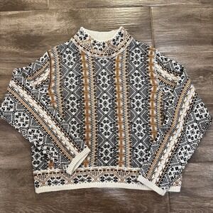 Women's Beige Geometric Knit Cropped Sweater Size M-L Mock Neck Wool Blend
